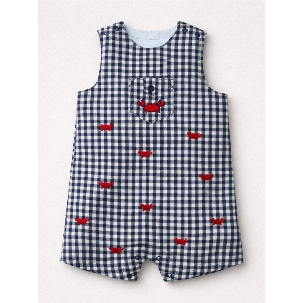Little Me navy blue check gingham with crab embroidery sun suit romper 6m NWT